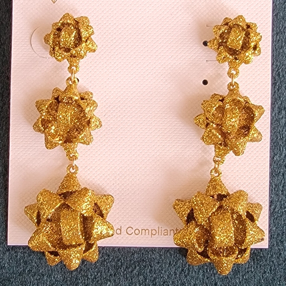 Francesca Gold Glitter Bow Earrings - Picture 2 of 8